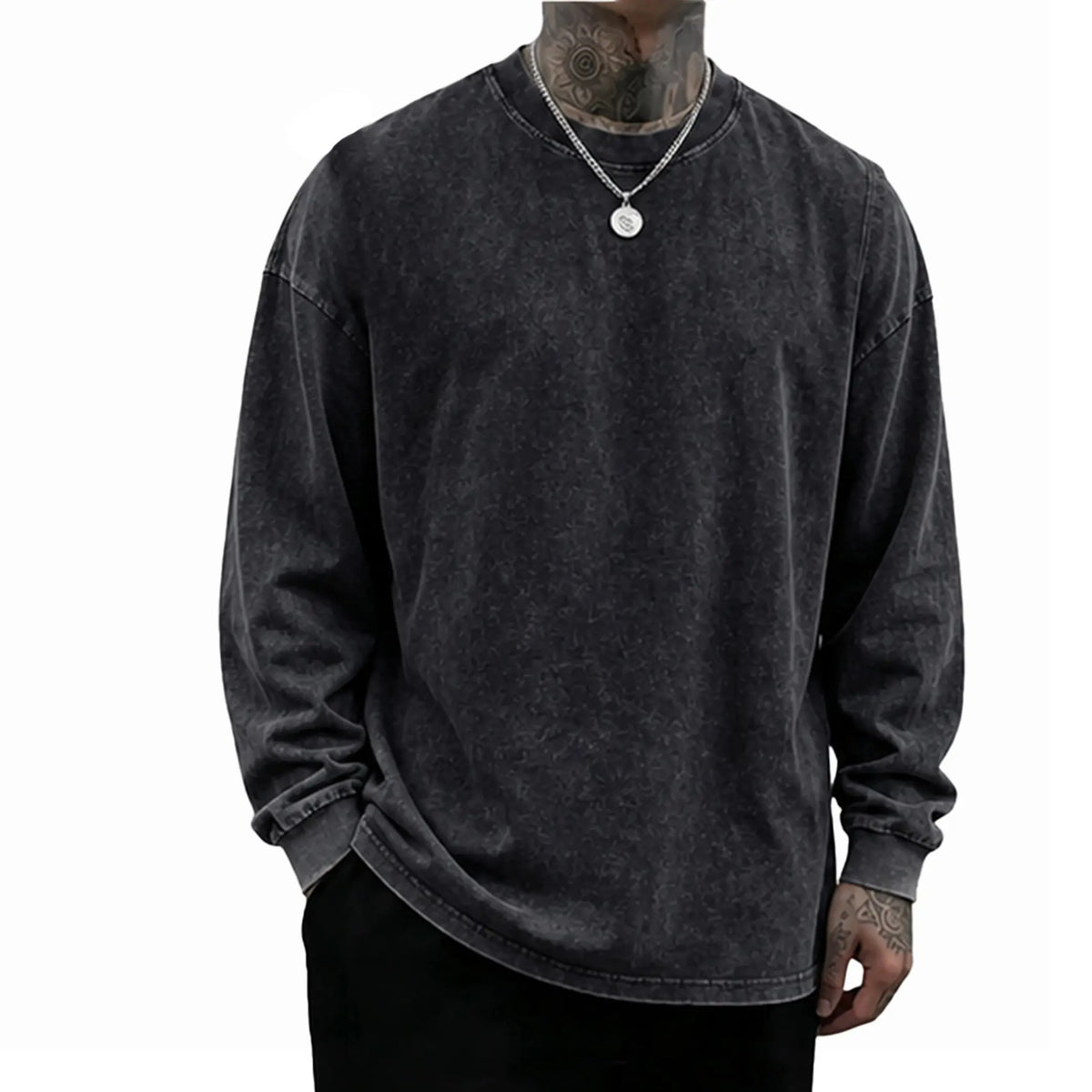 Unisex Oversized Washed Distressed Cotton Long Sleeve T-Shirt, Vintage Plain Crewneck Streetwear Top