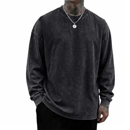 Unisex Oversized Washed Distressed Cotton Long Sleeve T-Shirt, Vintage Plain Crewneck Streetwear Top