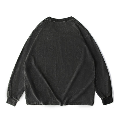 Unisex Oversized Washed Distressed Cotton Long Sleeve T-Shirt, Vintage Plain Crewneck Streetwear Top