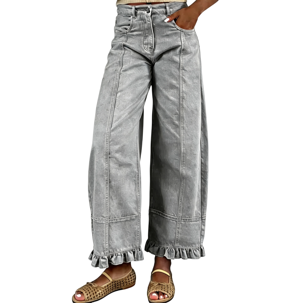 🔥Women'S Barrel Jeans - 2026 Y2K Casual Cute Soft Lightweight Ruffle Patchwork Baggy Boyfriend Denim Pants