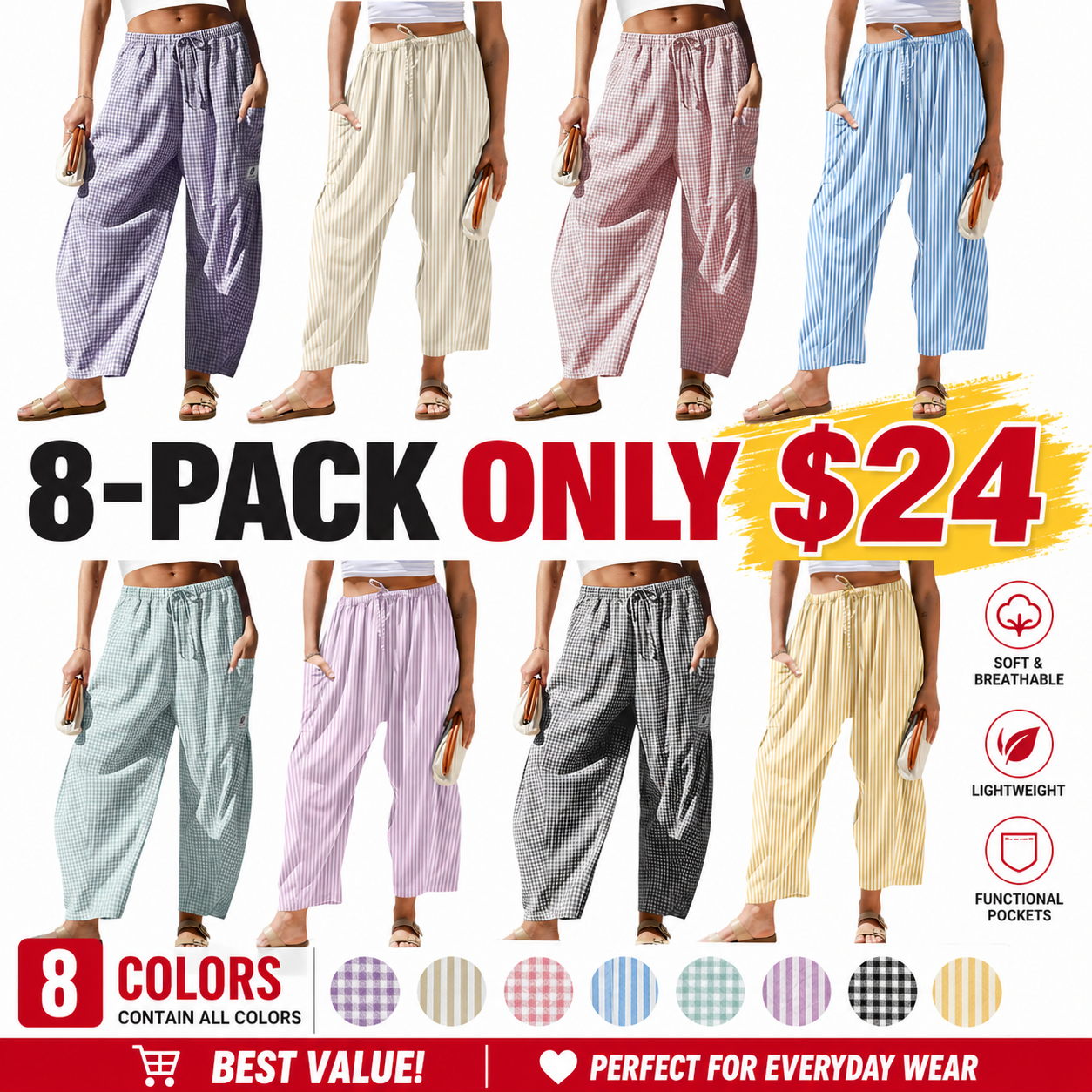 Womens Wide Leg Gingham Striped Plaid Pants