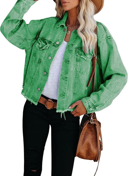 🔥Last day promotion⏰—Womens Washed Crop Denim Jacket With Pockets