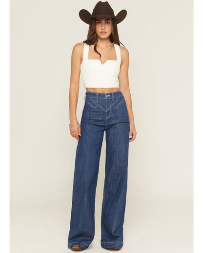 🔥 BESTSELLER | 6PCS $24.63 |Women's Dark Wash Ultra High Rise Western Yoke Wide Leg Stretch Jeans