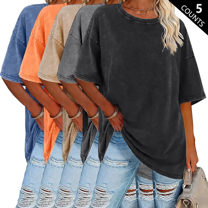 Women’s Summer Fashion Vintage Washed Cotton T-Shirts(5-Pack)
