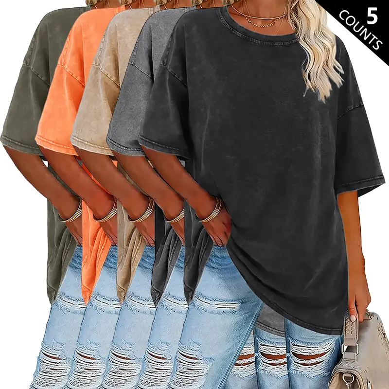 Women’s Summer Fashion Vintage Washed Cotton T-Shirts(5-Pack)