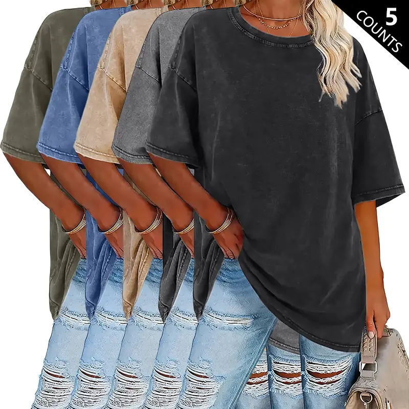 Women’s Summer Fashion Vintage Washed Cotton T-Shirts(5-Pack)