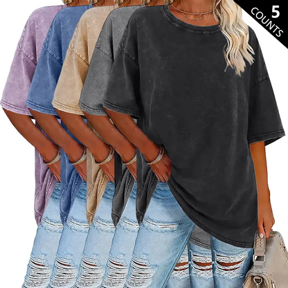 Women’s Summer Fashion Vintage Washed Cotton T-Shirts(5-Pack)