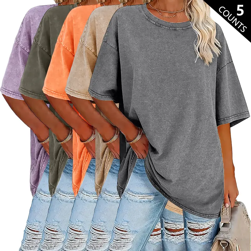 Women’s Summer Fashion Vintage Washed Cotton T-Shirts(5-Pack)