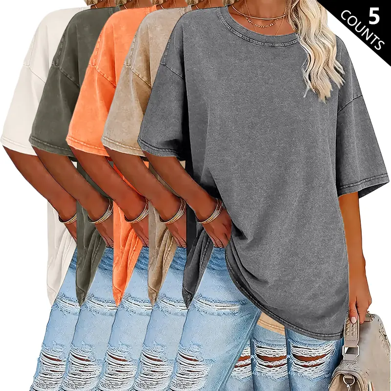Women’s Summer Fashion Vintage Washed Cotton T-Shirts(5-Pack)