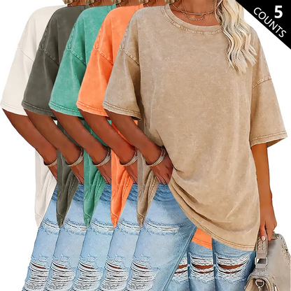 Women’s Summer Fashion Vintage Washed Cotton T-Shirts(5-Pack)