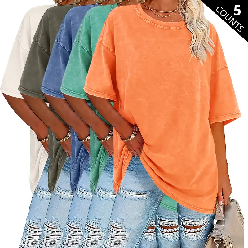 Women’s Summer Fashion Vintage Washed Cotton T-Shirts(5-Pack)