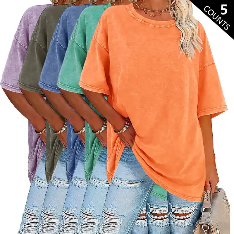 Women’s Summer Fashion Vintage Washed Cotton T-Shirts(5-Pack)
