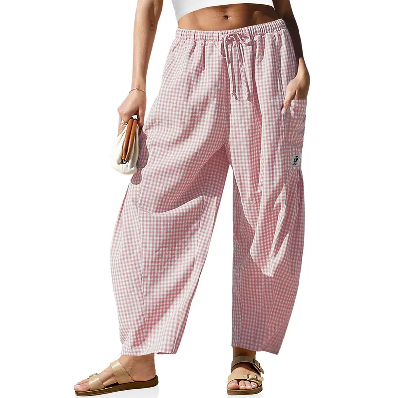 Womens Wide Leg Gingham Striped Plaid Pants with Pockets