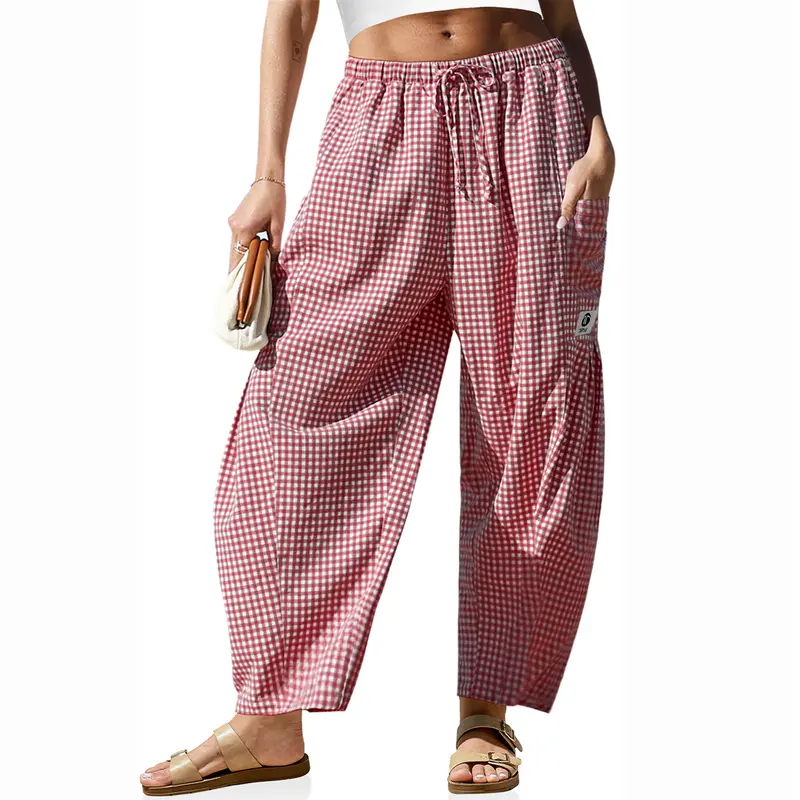 Womens Wide Leg Gingham Striped Plaid Pants with Pockets