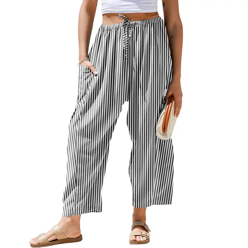 Womens Wide Leg Gingham Striped Plaid Pants with Pockets