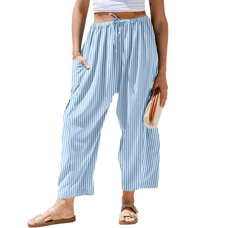 Womens Wide Leg Gingham Striped Plaid Pants with Pockets