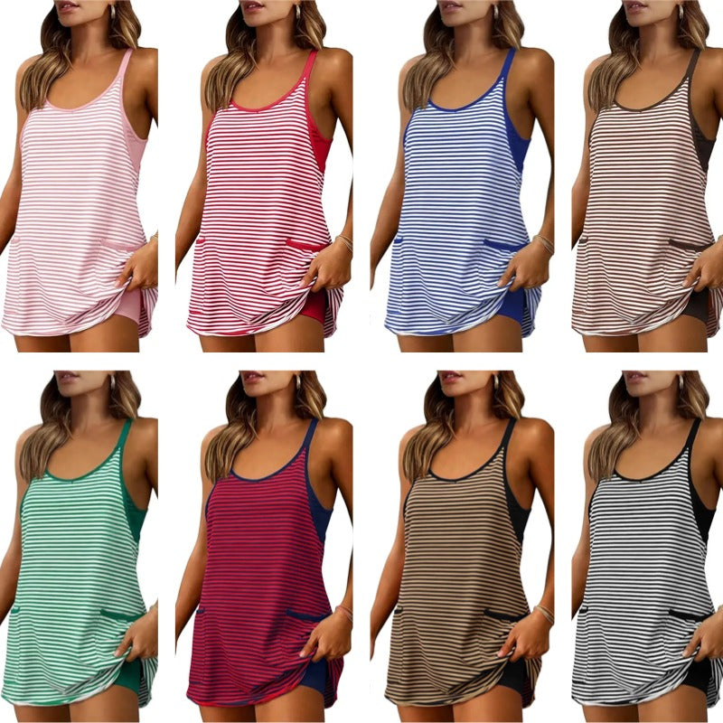 Women's Summer Sleeveless V-Neck Striped Athletic Casual Mini Dress(8-Pack)