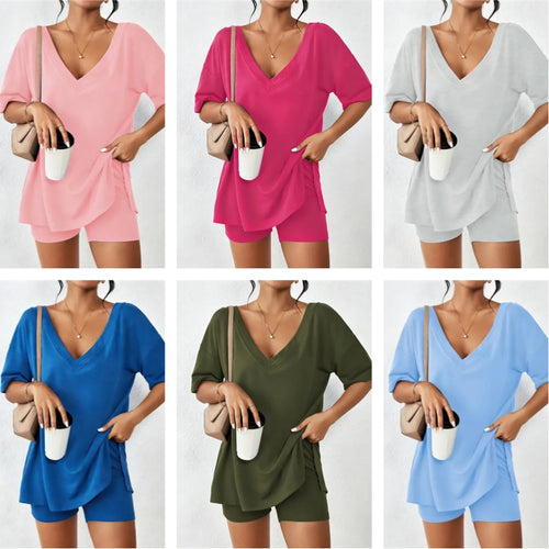 V-neck Two-Piece Comfy Clothes Set For Women(6-Pack)