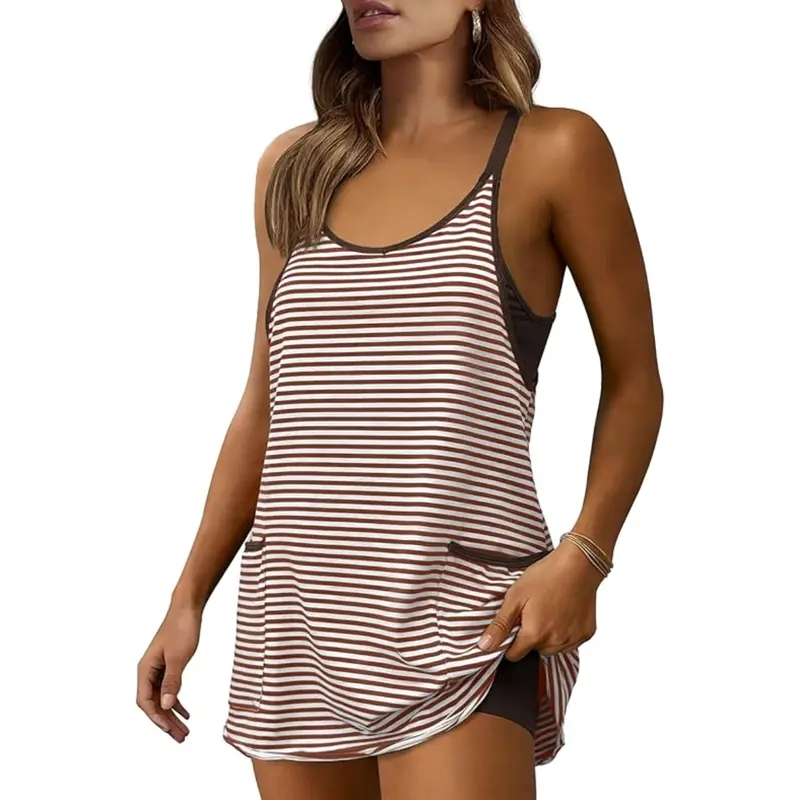 Women's Summer Sleeveless V-Neck Striped Athletic Casual Mini Dress(8-Pack)