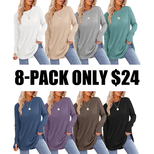 Women's Long Sleeve Tunic Top – Round Neck, Curved Hem & Thumb Holes