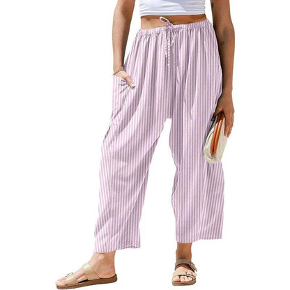 Womens Wide Leg Gingham Striped Plaid Pants Casual Barrel Loose Drawstring Low Waist Palazzo Harem Pants with Pockets