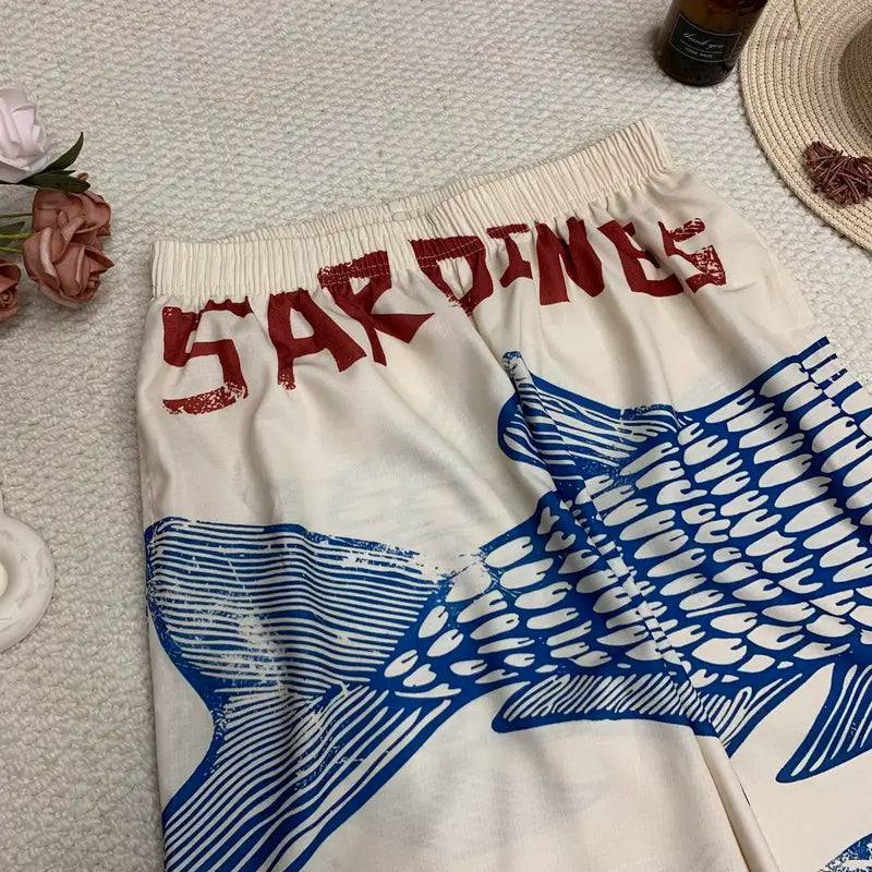 🔥 Perfect Summer Elastic Waistband Vacation Ukiyoe Style Sardine Wide Leg Print Pant