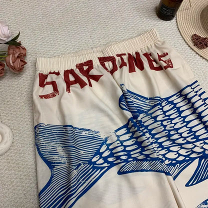 🔥 Perfect Summer Elastic Waistband Vacation Ukiyoe Style Sardine Wide Leg Print Pant