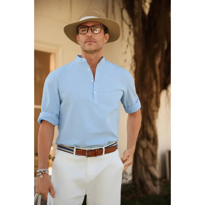 Mens Linen Shirts Casual Cotton 3/4 Sleeve Regular-Fit Henley T-Shirt