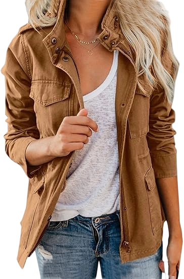 Women's Military Jacket Zip Up Snap Buttons