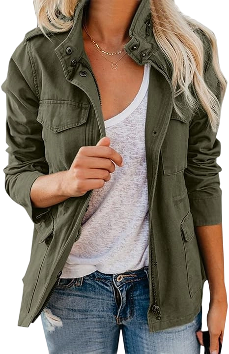 Women's Military Jacket Zip Up Snap Buttons