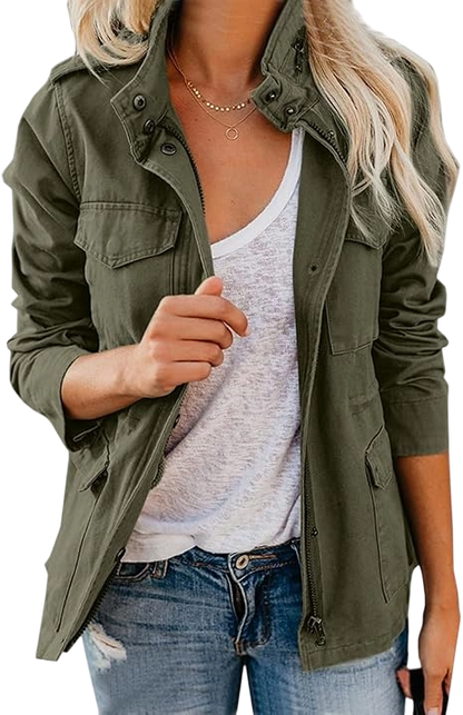 Women's Military Jacket Zip Up Snap Buttons