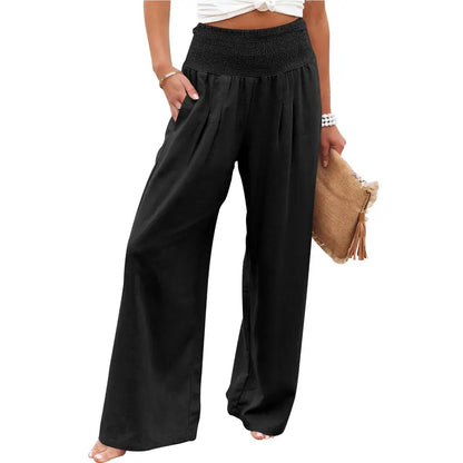 Women‘s Linen Palazzo Pants Summer Boho Wide Leg High Waist Casual Lounge Pant Beach Travel Comfortable Vacation