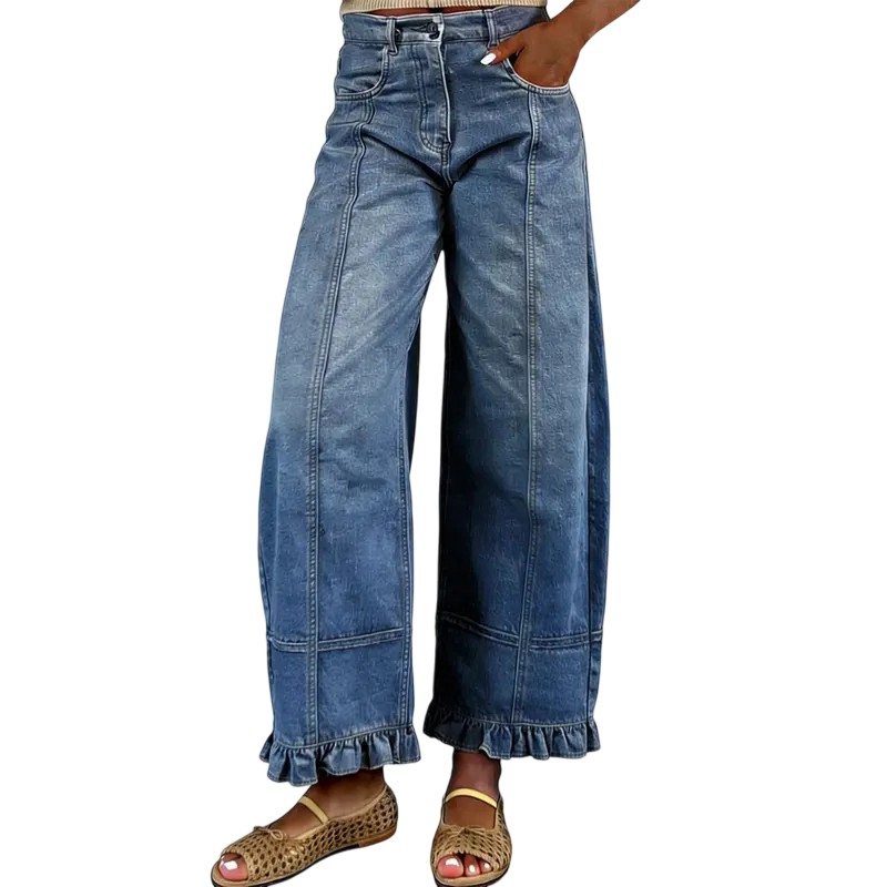 🔥Women'S Barrel Jeans - 2026 Y2K Casual Cute Soft Lightweight Ruffle Patchwork Baggy Boyfriend Denim Pants