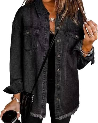 Women's Casual Denim Button Down Distressed Jacket