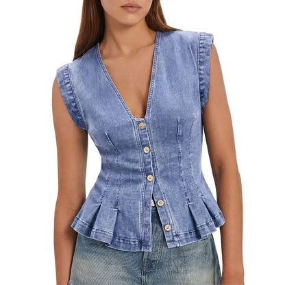 🚨Ends at Midnight ! Women's V Neck Denim Vests Tops Button Down Y2k Fitted Pleated Sleeveless Jean