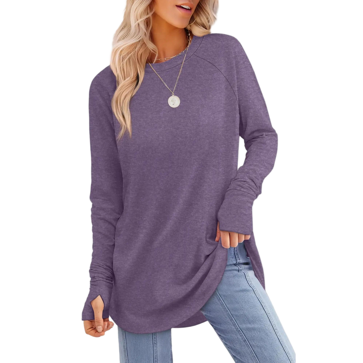 Women's Long Sleeve Tunic Top – Round Neck, Curved Hem & Thumb Holes