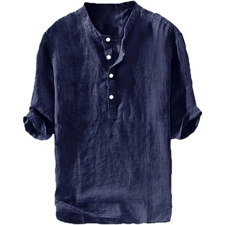 Mens Linen Shirts Casual Cotton 3/4 Sleeve Regular-Fit Henley T-Shirt