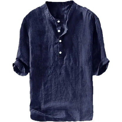 Mens Linen Shirts Casual Cotton 3/4 Sleeve Regular-Fit Henley T-Shirt