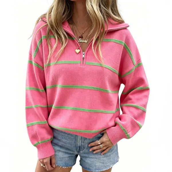 🔥Last Day💥Women's Color-Blocked Striped Quarter-Zip Sweater