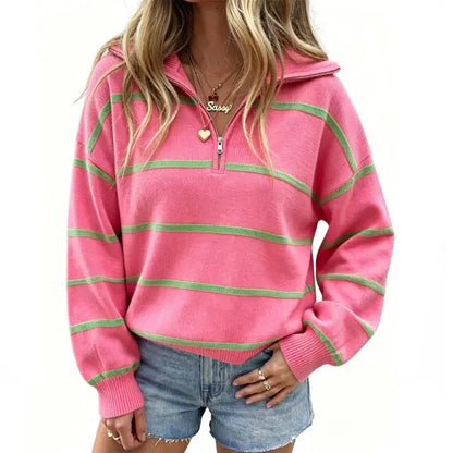 🔥Last Day💥Women's Color-Blocked Striped Quarter-Zip Sweater