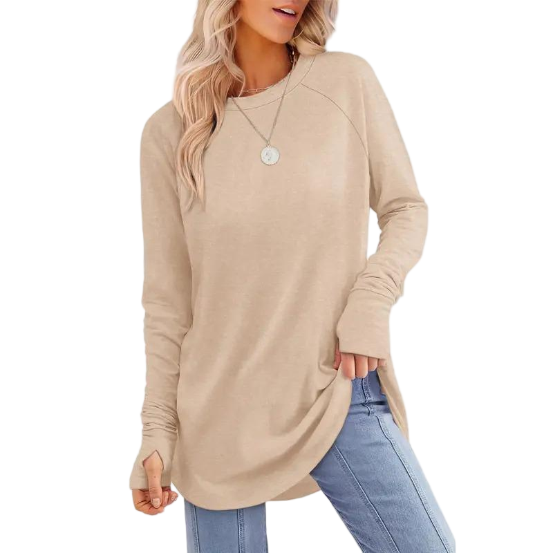 Women's Long Sleeve Tunic Top – Round Neck, Curved Hem & Thumb Holes