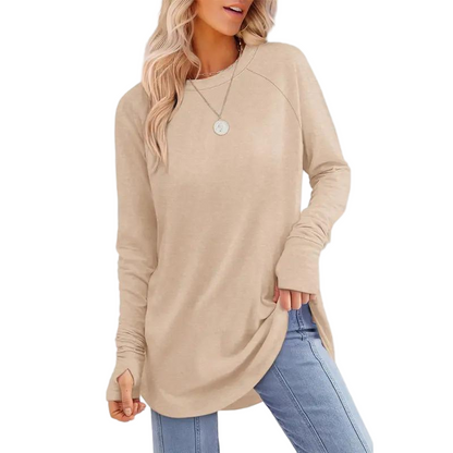 Women's Long Sleeve Tunic Top – Round Neck, Curved Hem & Thumb Holes