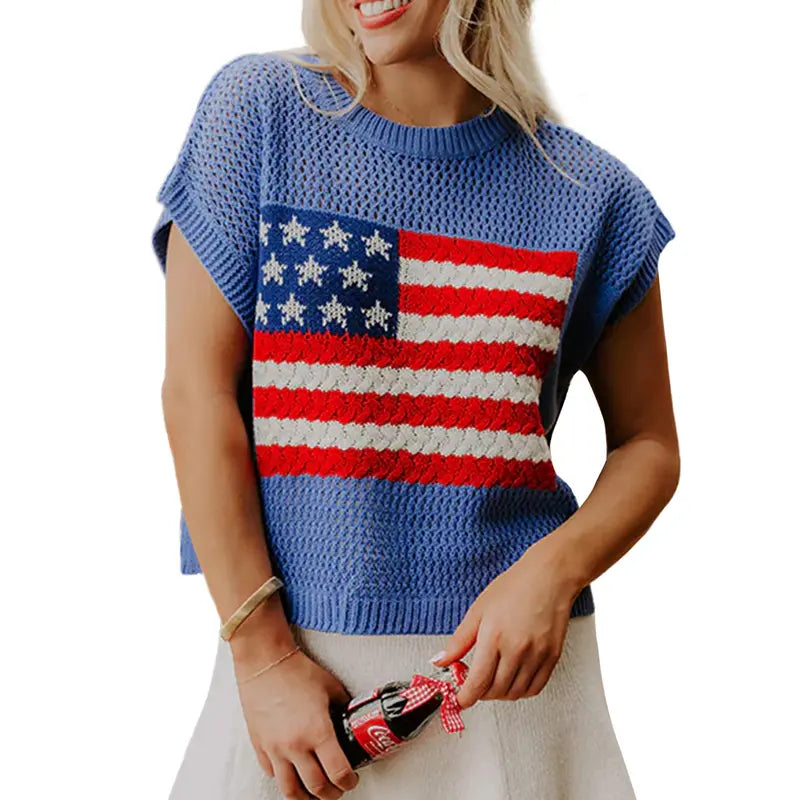 Women's American Flag Knit Top – Patriotic 4th of July Summer Sweater Vest