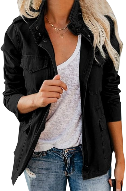Women's Military Jacket Zip Up Snap Buttons