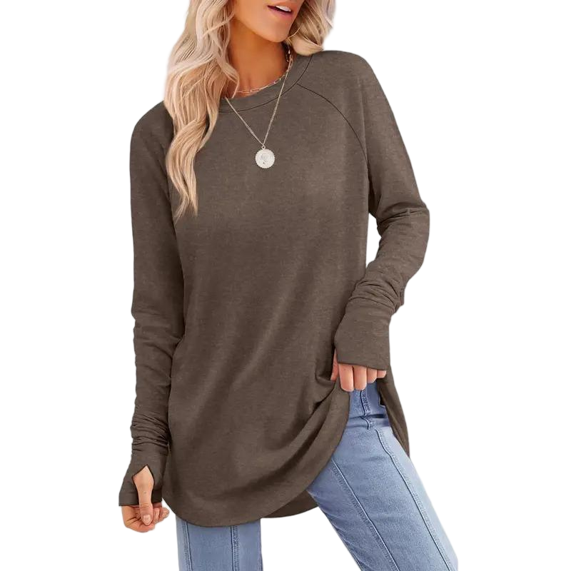 Women's Long Sleeve Tunic Top – Round Neck, Curved Hem & Thumb Holes