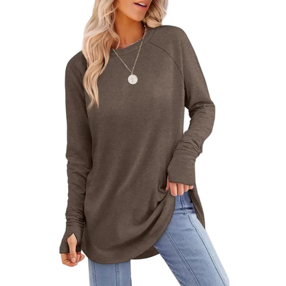 Women's Long Sleeve Tunic Top – Round Neck, Curved Hem & Thumb Holes
