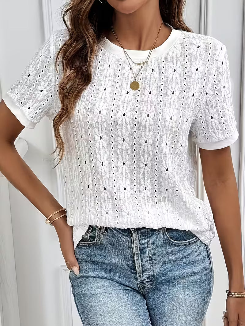2026 Spring/Summer New Commuter Textured Jacquard Hollow Short-Sleeve Round-Neck T-Shirt, Casual And Minimalist Women'S Top