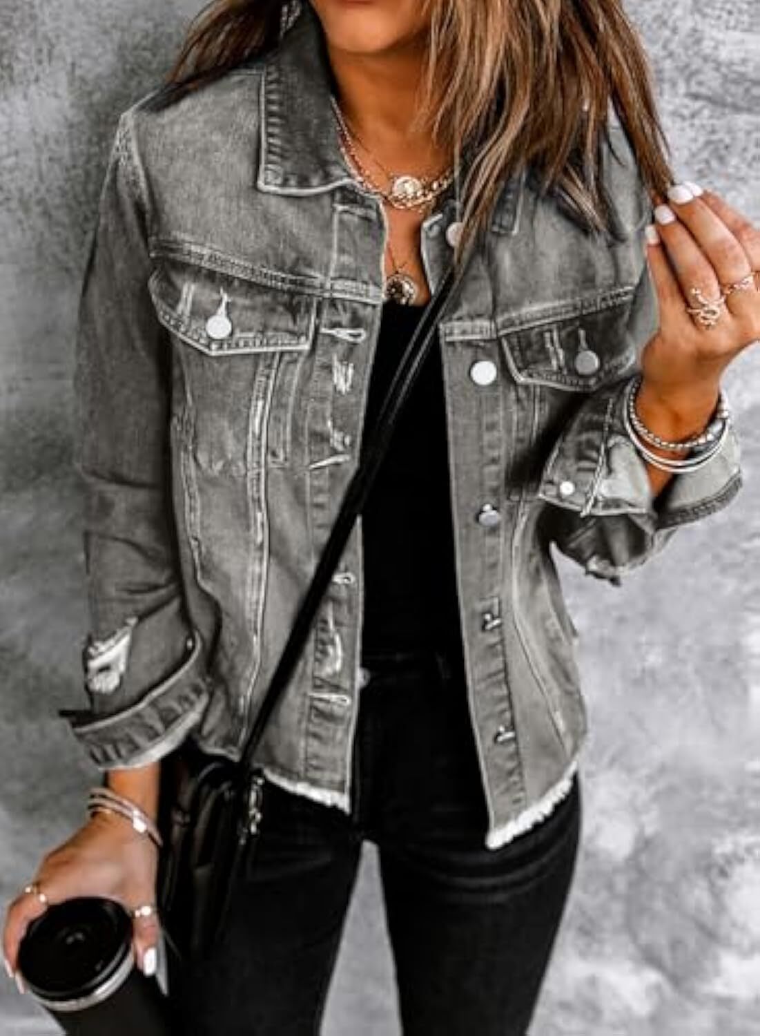 🔥Last day promotion⏰—Womens Washed Crop Denim Jacket With Pockets