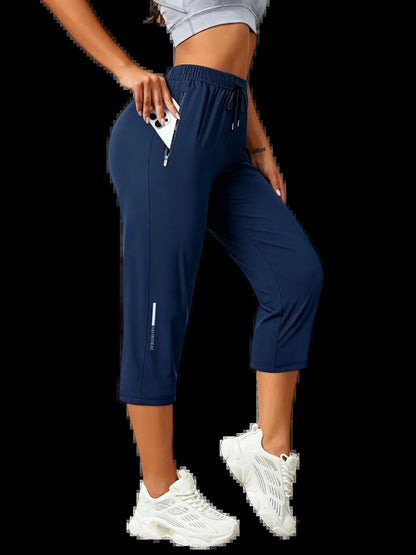 Women's Capris Pants - Loose Fit, Summer Drawstring Waist, Zippered Pockets, Breathable High-Stretch Fabric, Suitable for Everyday Wear