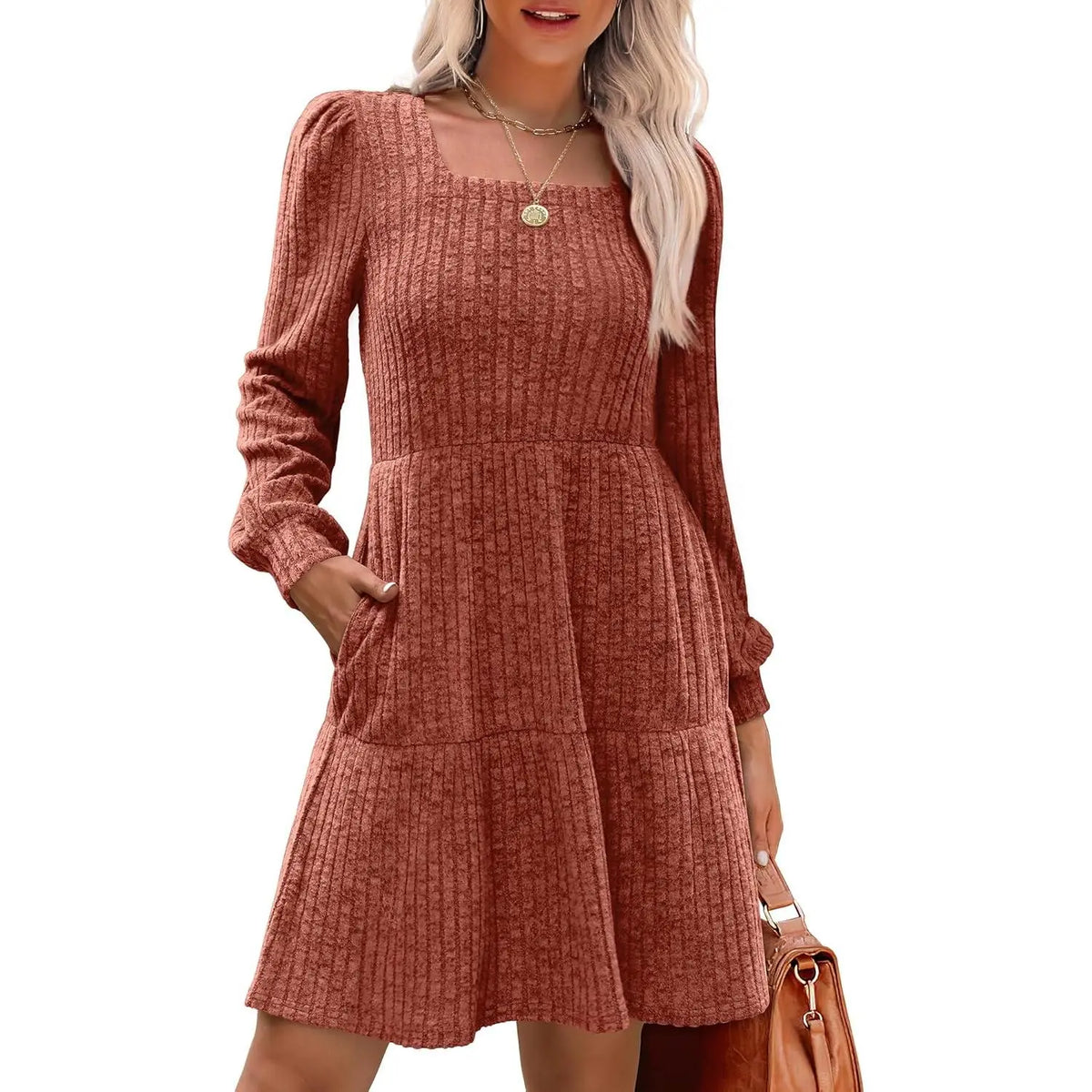 Square Neck Long Sleeve Babydoll Sweater Dress